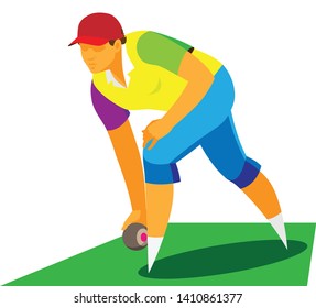 A Young Girl Student Is A Player In A Vintage English  Game Of Lawn Bowls On The Grass Area