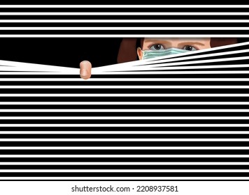 A Young Girl Wearing A Surgical Mask Peeks Through Window Blinds To See If It Is Safe To Come Out After Covid-19. 3-d Illustration.