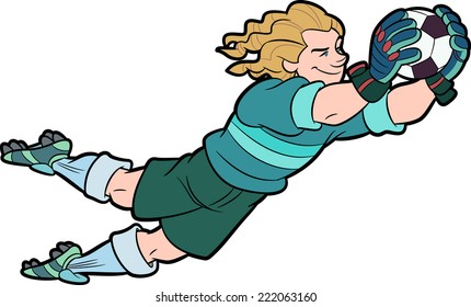 Young goalkeeper jumps and blocks the ball smiling  - Powered by Shutterstock