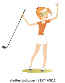 Young golfer woman on the golf course. 
Smiling golfer woman holds a golf club and golf ball isolated on white background
