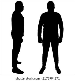 A Young Guy In Full Growth, Without Movement. A Man In A Tracksuit, Sports Shoes. Two Silhouettes Of The Same Person. Side View, Profile. Front View. Two Black Male Silhouettes Isolated On White