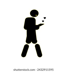 Young guy going forward and holding a cell phone and writing sms,  silhouette icon.