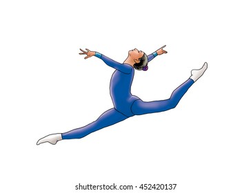 Young gymnast woman in blue sportswear dress, performing art gymnastics element, jumping, doing split leap in air, isolated on white. Hand Drawn girl ballet dancer. 2018 Sport France. Dance athletics - Powered by Shutterstock