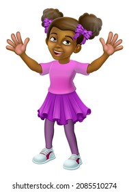 A young happy black little girl cartoon child character kid waving.
