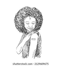 Young Happy Black Woman Looking Her Arm After Receiving Vaccine Shot Sketch, Afro Female With Bandage On Her Arm Smiling, Hand Drawn Black And White Graphics, Vaccinated People Illustration