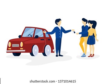 Young happy couple buying new red car. Salesman giving keys to the buyer. Isolated flat  illustration - Powered by Shutterstock