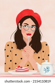 Young Happy Woman With Glasses Eating A Strawberry Cake In A French Cafe	
