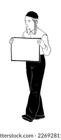 Young Hasidic Jewish boy protesting with white sign in his hands black and white ink sketch.