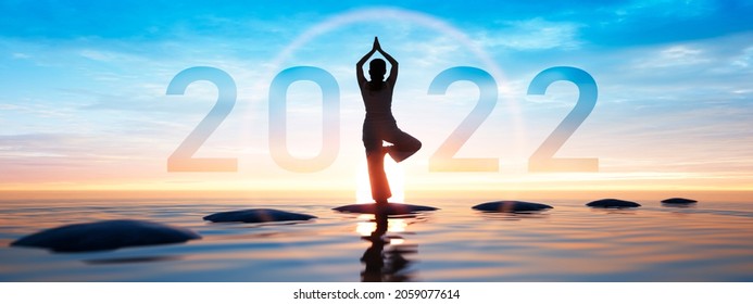 Young healthy woman practicing yoga at  sunset time - year 2022 - 3D illustration - Powered by Shutterstock