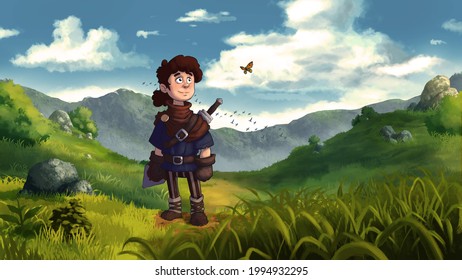 A Young Hero With A Sword Stands On The Trail, Ready To Go On A Journey, 2D Illustration 