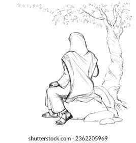 Young jew teen boy guy lord Eliezer sit relax look retro age holy god faith art sketch story. Line pen hand drawn poor israeli elder senior nomad speak maid lady rural stone roman garden sky back view - Powered by Shutterstock