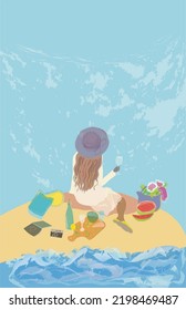 A Young Lady Is Enjoying A Picnic On The Beach And Contemplating Ocean.