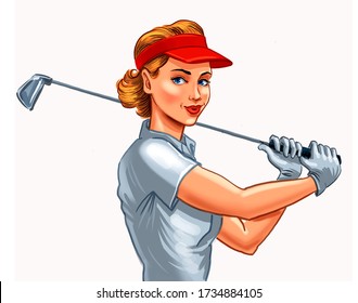 Young lady with a golf club. Digital illustration