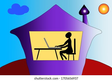 Young Lady Working On Laptop, Work From Home Illustration Image, Work At Home Clipart Design, Woman Working On Computer Appear From Window Of Home, Cloud, Sun, Blue Sky In Background Of Home