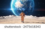 Young Male Astronaut in Space Suit Confidently Walking On An Alien Planet. Red Planet Earth Is Visible In Sky.