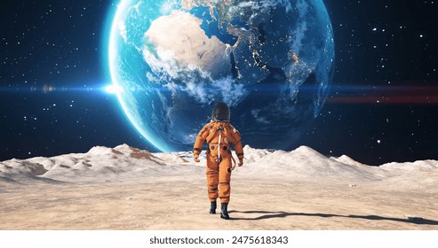 Young Male Astronaut in Space Suit Confidently Walking On An Alien Planet. Red Planet Earth Is Visible In Sky.