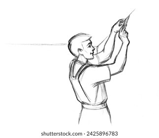 Young male human guy build up lay glue brush hang new level set white paint vinyl text space. Line black pencil drawn indoor hold drill skill labor renew pvc icon sign symbol sketch retro art style - Powered by Shutterstock