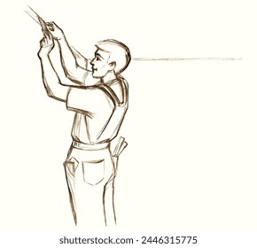 Young male human guy build up lay glue brush hang new level set white paint vinyl text space. Line black pencil drawn indoor hold drill skill labor renew pvc icon sign symbol sketch retro art style - Powered by Shutterstock