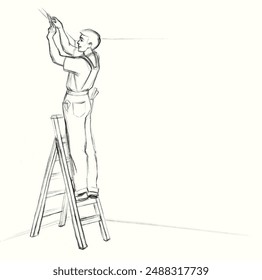 Young male human guy build up lay glue brush hang new level set white paint vinyl text space. Line black pencil drawn indoor hold drill skill labor renew pvc icon sign symbol sketch retro art style - Powered by Shutterstock