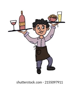 A Young Male Waiter With Wine And Spaghetti And A Glass Of Beer. JPG Illustration