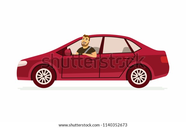 Young man in a car - cartoon people\
character isolated illustration on white background. An image of a\
happy smiling person driving a red vehicle. High quality\
composition for your\
presentation