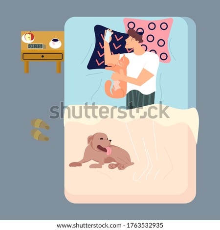 Young man character is lying in bed with insomnia. Male Insomniac is surfing internet or using social network. Sleeping control concept. Flat Art Rastered Copy