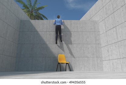 Young man climbed a concrete wall, looking over the wall. This is a 3d render illustration