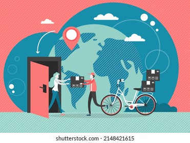 Young Man Courier Delivering Parcel To Woman Door By Bicycle, Flat Style Design Illustration. Bike Messenger, Home Delivery Service Concept For Poster, Banner Etc.