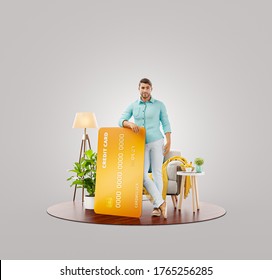 Young Man With Credit Card At His Home. Unusual 3d Illustration