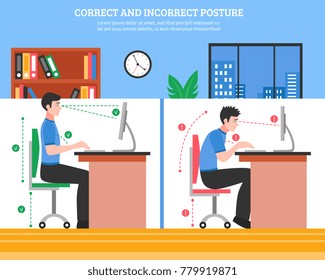 Young man demonstrating correct and incorrect sitting postures for healthy spine while working on computer flat  illustration