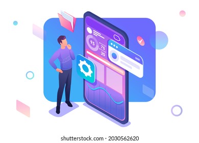 Young Man Is Developing A Mobile Application For Data Collection. Concept Of Modern Technologies. 3d Isometric