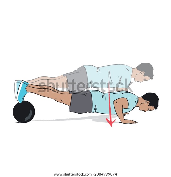 young man doing exercise for chest\
muscles using gym equipment - modified push up with feet raised on\
medicine ball - workout series isolated on white\
background