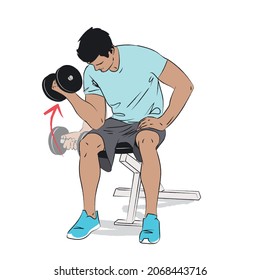 Young Man Doing Exercise Using Gym Equipment - Single Arm Bicep Curl With Heavy Dumbbell And Elbow Resting On Knee Sitting On Gym Bench - Workout Series Isolated On White Background