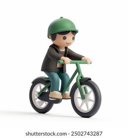 A young man is energetically riding a green bicycle with a green helmet on white background 3D illustration, showcasing enthusiasm for his cycling journey nearby.  - Powered by Shutterstock