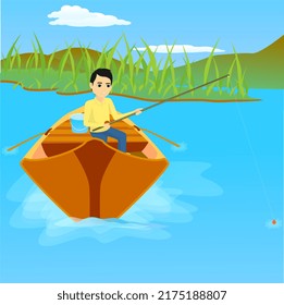 Young Man Fishing In A Rowboat