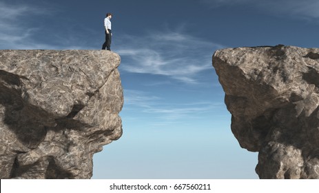 Young man in front of a chasm. This is a 3d render illustration