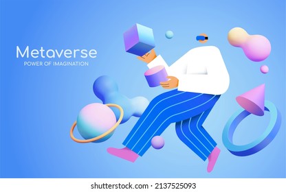 A Young Man With Goggle Floating Among 3d Pastel Gradient Shapes. Concept Of Surealism, Gaming, Immersive Experience, Metaverse Or Virtual Reality.