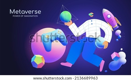 A young man with goggle floating among 3d neon gradient objects, including game controller and space rocket. Concept of surrealism, immersive experience, metaverse or virtual reality.