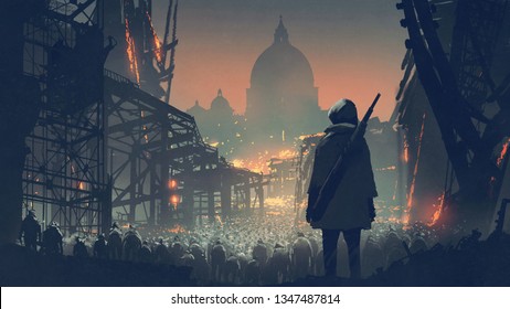 young man with gun looking at crowd of people in apocalyptic city, digital art style, illustration painting