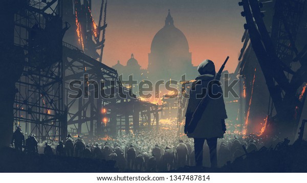 Jeune Homme Arme Regardant La Foule Illustration De Stock