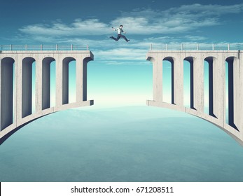 Young Man Jumping A Broken Bridge. This Is A 3d Render Illustration