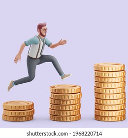 Young Man Jumping On A Pile Of Giant Gold Coins. Mockup 3d Character Illustration