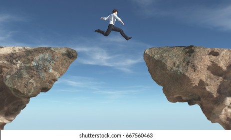 Young Man Jumping Over The Chasm. This Is A 3d Render Illustration