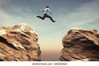 Young Man Jumping Over The Chasm. This Is A 3d Render Illustration