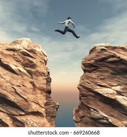 Young man jumping over the chasm. This is a 3d render illustration