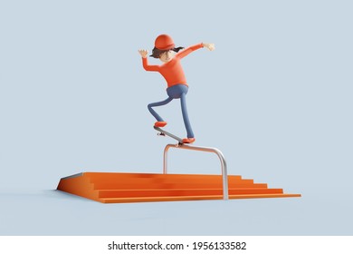 Young Man Jumping To Rail Grind With His Skateboard. 3D Rendering.