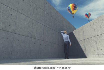 Young man looking over the wall at air balloon. This is a 3d render illustration