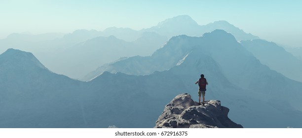 Young Man Mountain Admiring Landscape This Stock Illustration 672916372