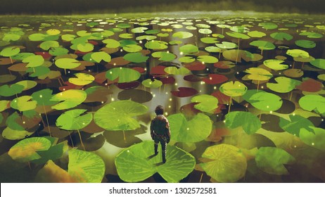 Young Man On Giant Lily Pad Leaf In Fantasy Swamp, Digital Art Style, Illustration Painting