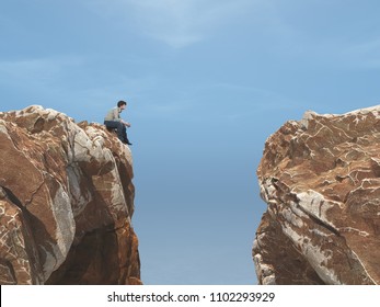 Young Man On A Rock In Front Of A Chasm. This Is A 3d Render Illustration